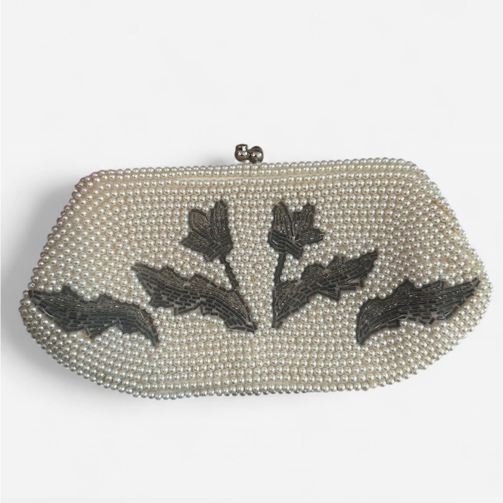 Vintage Faux Pearl and Black Leaf Clutch